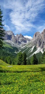 Scenic mountain landscape with lush green fields and a blue sky.