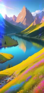 Beautiful mountain landscape with a river and colorful wildflowers.