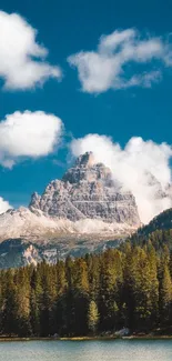 Mountain landscape with blue skies, forest, and a tranquil lake.