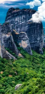 Majestic mountain cliffs with lush green forest.