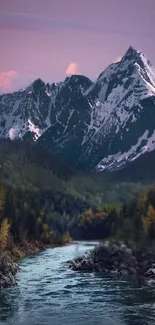 Majestic mountains with a purple sky and a flowing river.