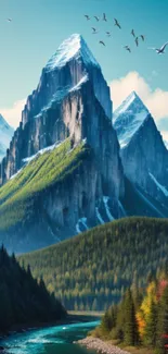 Majestic mountain landscape with snow-capped peaks and a blue river.