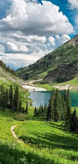 Scenic mountain landscape with lake and greenery.