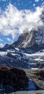 Majestic mountain peak with blue sky.