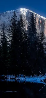 Snow-capped mountain under blue sky with forest below.