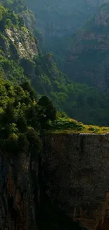 Stunning mountain landscape with lush greenery and towering cliffs.