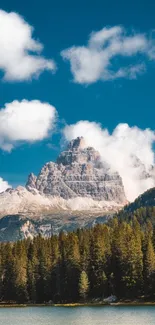 Mountain landscape with forest and clear sky.