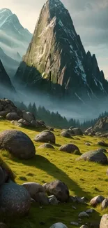 Majestic mountain landscape with lush fields and rocky peaks.