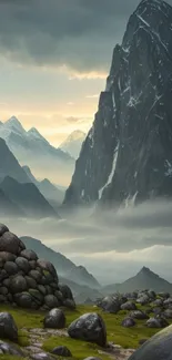 Majestic mountain landscape with misty valleys and towering peaks at dawn.