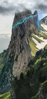 Dramatic mountain landscape with lightning striking peaks.