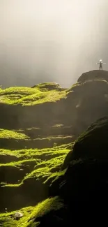 Sunlit mountain peak with a lone figure admiring nature's beauty.