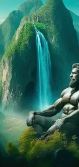 Mystical figure meditating in lush, green mountains with a waterfall backdrop.