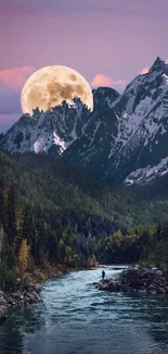 Moonlit mountain view with river and full moon.