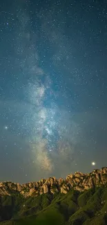 Starry night sky over a majestic mountain range.