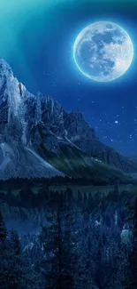 Night scenery with moon over mountains and starry sky.