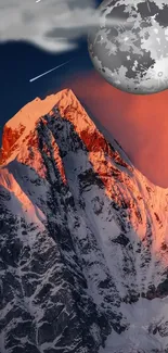 Majestic mountain peak under moonlight with a blue sky and glowing summit.