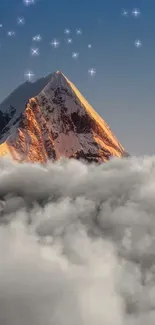 Serene mountain peak with clouds and stars.