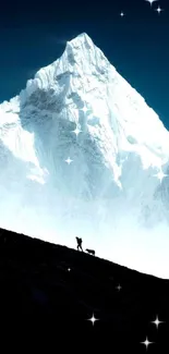 Majestic mountain peak with blue sky and snow-covered summit.