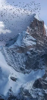 Stunning mountain peak with birds soaring above under a clear sky.