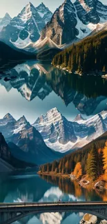 Reflection of mountains on a serene lake with a scenic bridge.