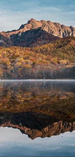 Mountain and lake reflection with autumn trees, under a clear sky.