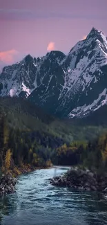 Snow-capped mountain with river at sunset, ideal for mobile wallpaper.