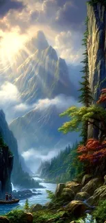 A serene river flowing among tall, majestic mountains and trees with gentle sunlight.