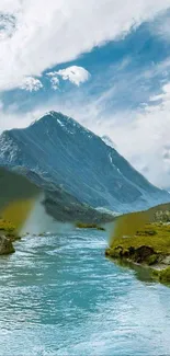 Scenic mountain view with river and blue sky.