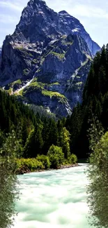 Majestic mountain view with flowing river, lush green forest.