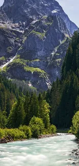 Majestic mountain landscape with river and greenery.