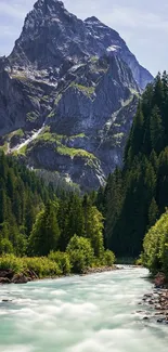 Beautiful mountain and river landscape with lush greenery.