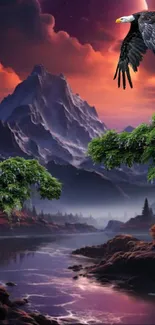 Majestic mountain landscape with eagle and sunset sky.