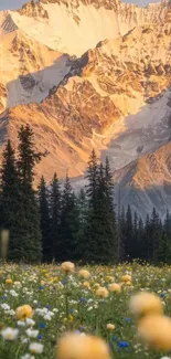 Majestic mountain landscape with blooming wildflowers and golden sunset.