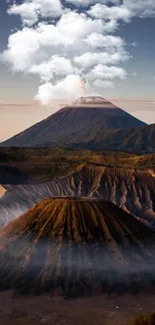 Breathtaking mountain landscape with volcano and clouds