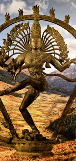 Shiva Nataraja statue in mountain landscape, artistic wallpaper.