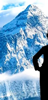 Silhouette against a snowy mountain backdrop with clear sky.