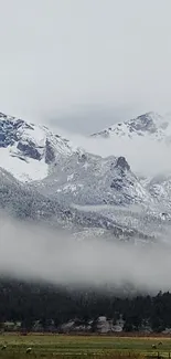 Serene snowy mountain peaks shrouded in mist create a breathtaking natural landscape.