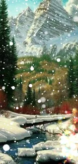 Snowy mountain scene with river and trees.