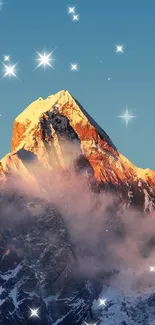 Sunlit mountain peak with starry sky background.