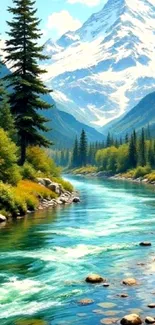 Scenic view of a mountain stream flowing between lush forest and snow-capped peaks.