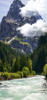 Majestic mountain with flowing stream and lush forest.