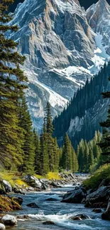 Scenic view of a mountain stream under towering peaks.