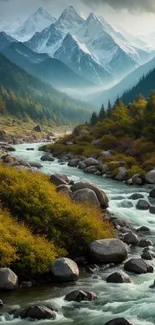 Wallpaper of a tranquil mountain stream with lush greenery and rugged peaks.