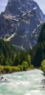 Mountain stream and forest landscape wallpaper with alpine background.