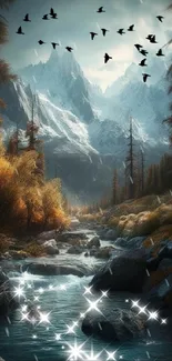 Mountain stream with snowy peaks and autumn foliage.