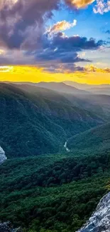 Majestic mountain landscape at sunrise with vibrant sky and lush greenery.