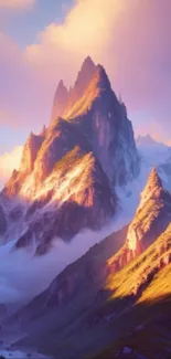 Majestic mountain peaks at sunrise with soft purple hues.