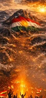 Mountain sunset with vibrant flag and fiery scene.