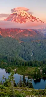 A stunning sunset over a mountain reflected in a calm alpine lake landscape.