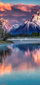 Majestic mountain reflected in sunset, calm lake view.